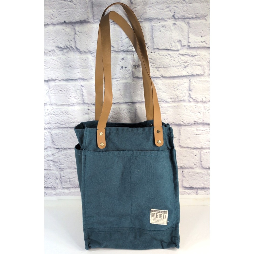 GORG COLOR!😍FEED Canvas Tote Bag Teal Organizer Multi Pocket 100% Cotton Purse